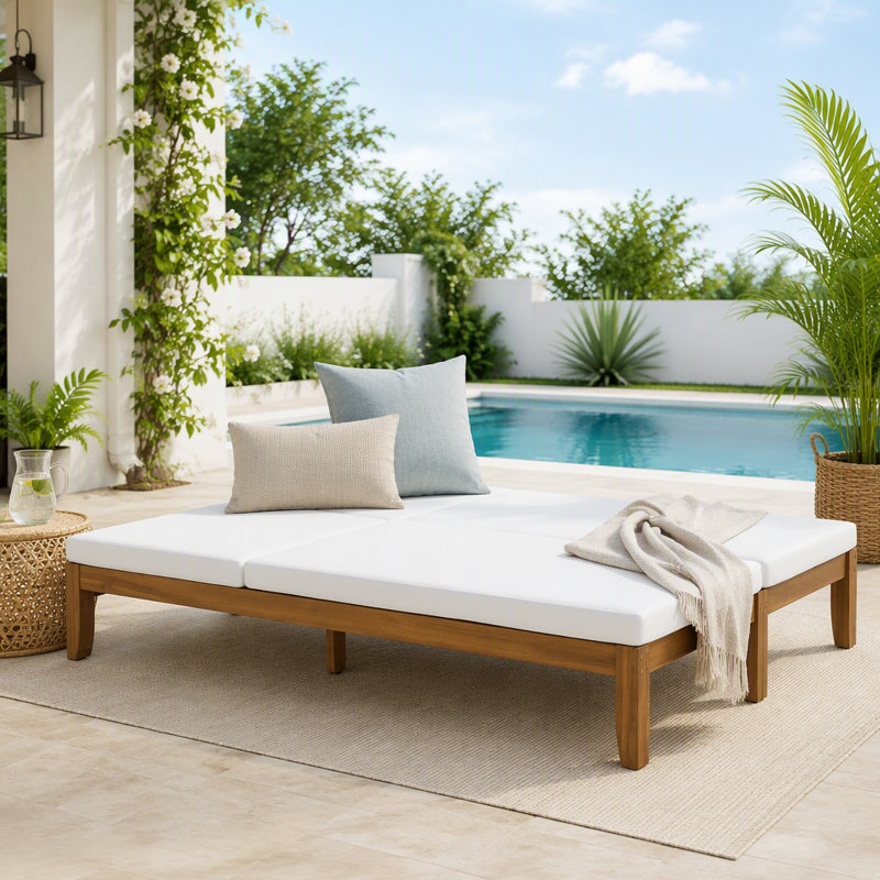 Chaise longue double réglable pour l'extérieur avec coussins imperméables, L 49,61 po, Beige, naturel