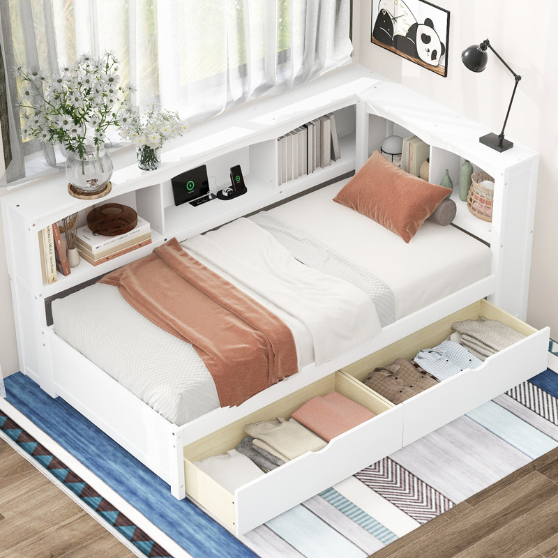 Lit de jour simple blanc avec prises et rangement - Bois massif pour une addition de chambre à coucher élégante, Blanc