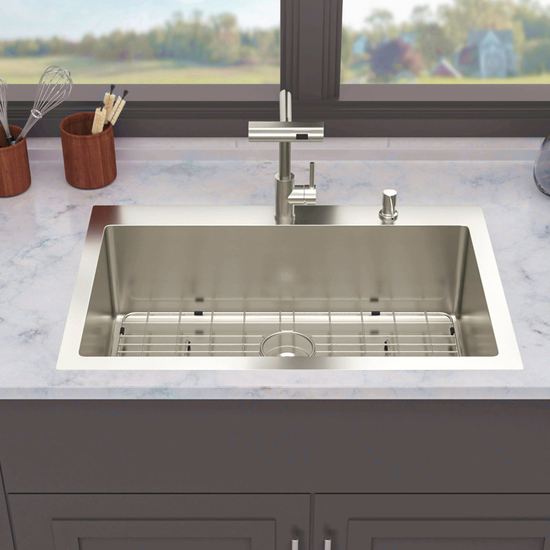33" Drop-In Kitchen Sink With Pull-Down Faucet And Soap Dispenser - 33 X 22 Inch Single Bowl 16 Gauge Stainless Steel Topmount Kitchen Sink Basin