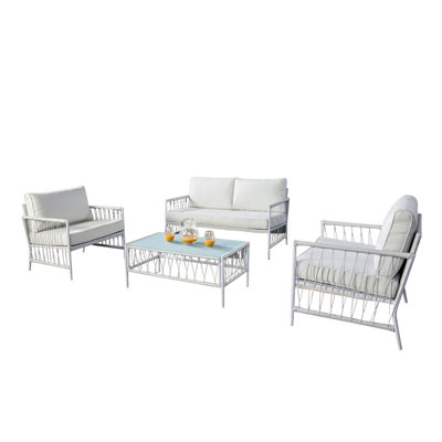 Hema 4 Piece Patio Set With 2 Chairs, Table, And Sofa, White Fabric, Metal