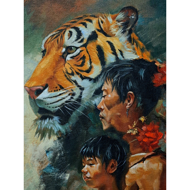 Acrylique «Men and Boy with Tiger», peinture sur toile par Sanchita Agrahari
