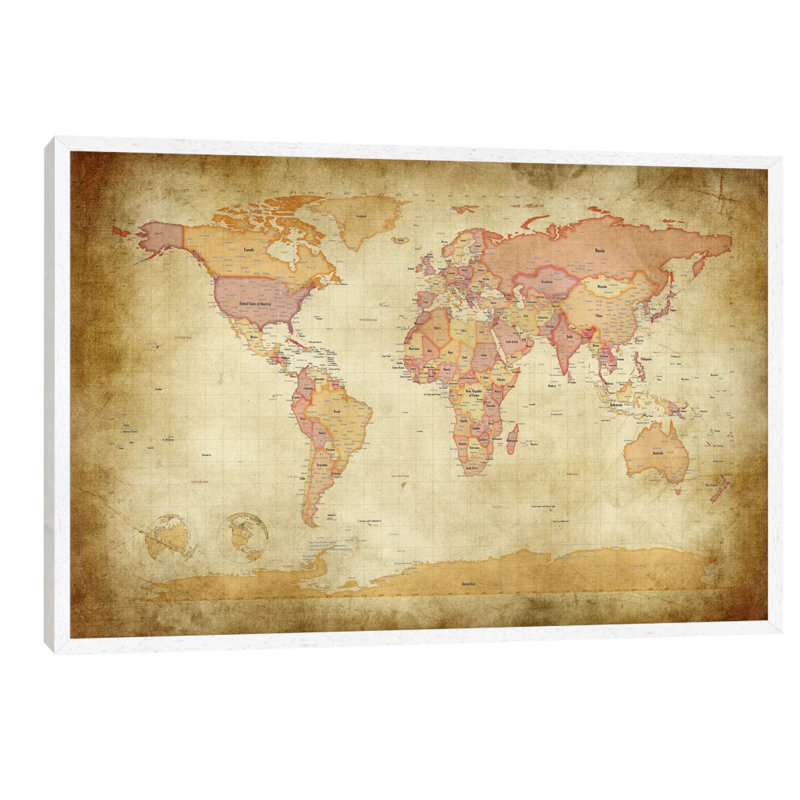 Map Of The World II by Michael Tompsett - Print on Canvas, White Framed, 152.5 cm H x 101.5 cm W