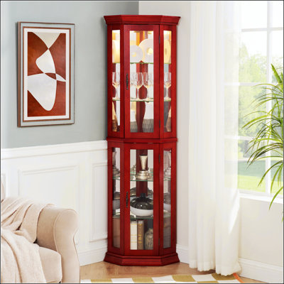 Lighted Corner Curio Cabinet With Tempered Glass Doors, Adjustable Shelves, And Included Bead Bulb - Ideal For Home Decor