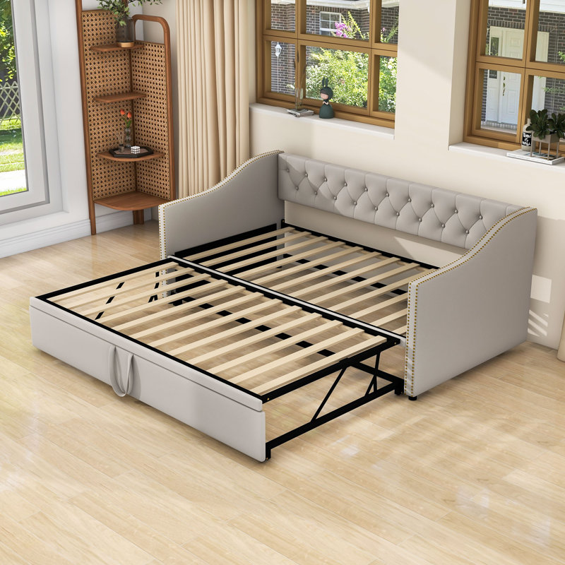 Twin Wood Upholstered daybed with Twin Trundle, Gray