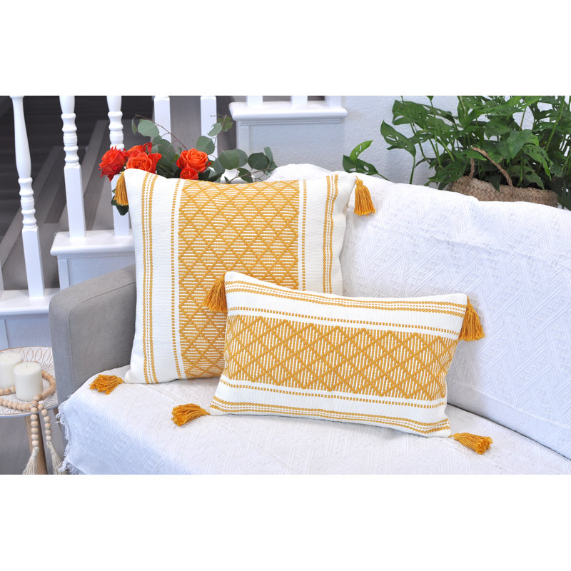Mustard Yellow and Cream Cotton Boho Lumbar Pillowcases with Tassels