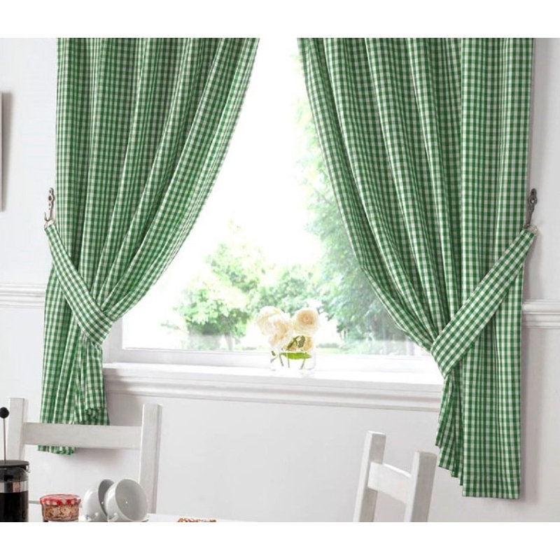 Rosas Classic Gingham Kitchen Curtains, Green, 117cm W x 122cm L
