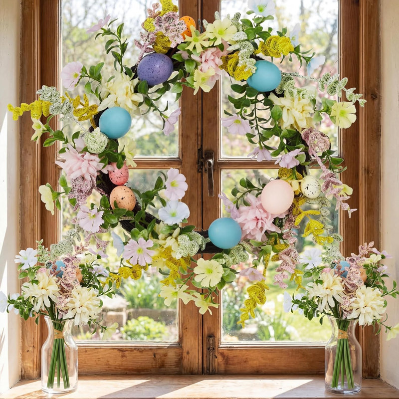 Couronne de Pâques 22 po, couronne florale de porte avec œufs et base en rotin 2 bouquets, 4 po x 22,05 po