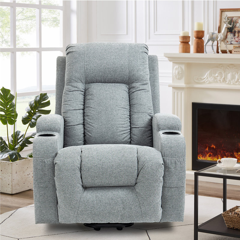 Emalina 39.76"W Ergonomic Power Recliner, Massage, Heater, Cup Holder, Gray Velvet