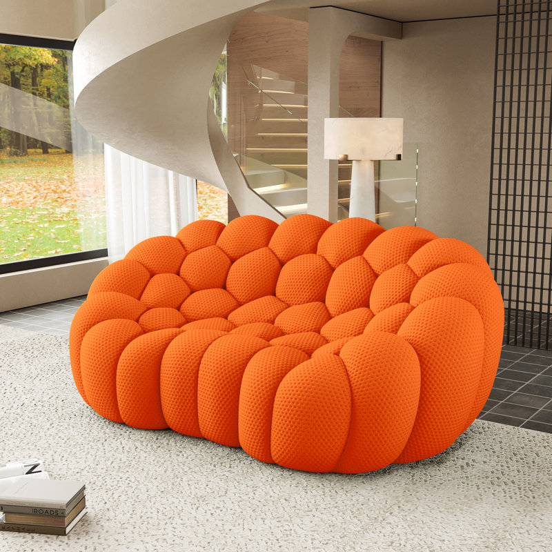Cenie Modern Upholstered Boneless Arc-Shaped 3D Knit Fabric Loveseat Sofa, No Assembly Required, Orange
