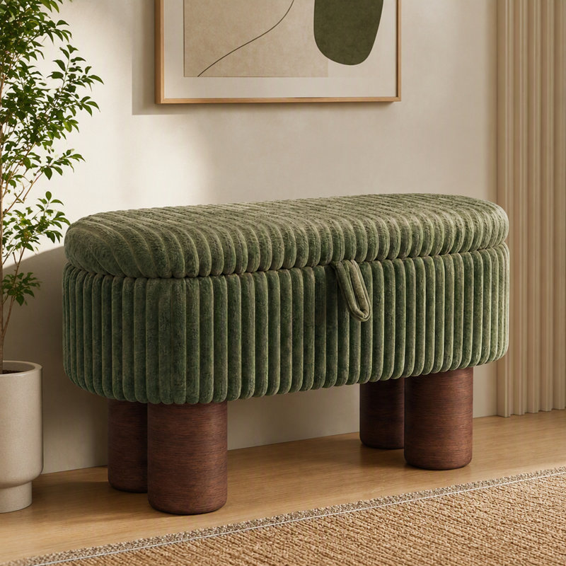 Banc ottoman de rangement moderne en velours côtelé avec couvercle relevable, Vert, Green, Brown