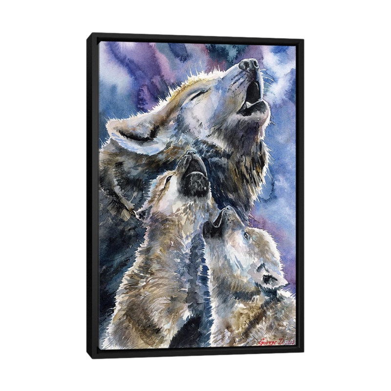 Famille de loups, reproduction sur toile, H 26 po x l 18 po x P 1,5 po, Toile avec cadre noir, Pas de tapis