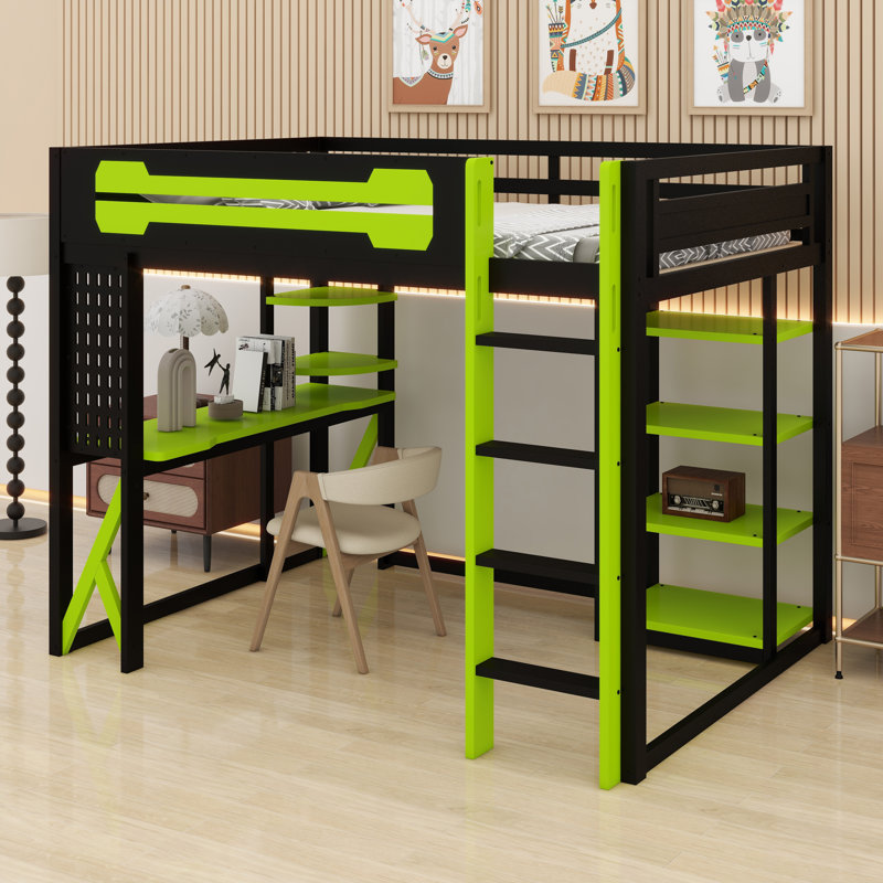 Loft Bed with Integrated Desk, Shelves, Power Outlet & RGB Lighting, Black+Green
