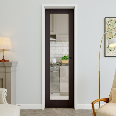Porte pré-suspendue intérieure 24 po x 80 po en verre transparent 1-Lite avec levier incurvé et charnières argentées, plaque de porte en verre transparent, insonorisant et imperméable, combinaison pour la lessive, portes de placard, portes de pièce, main gauche