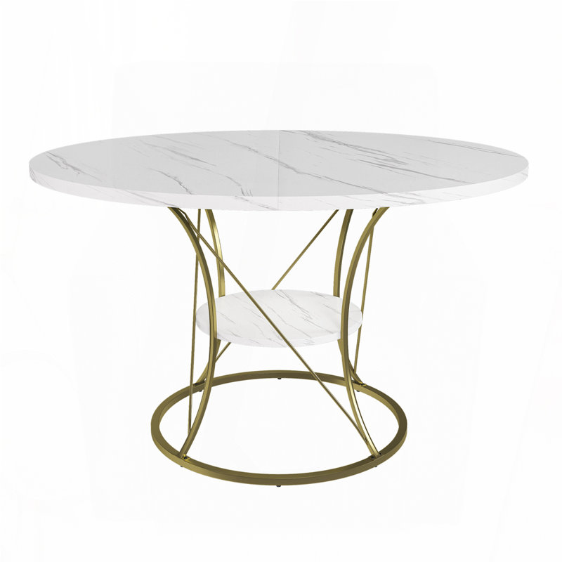 Extendable Round Table – 43" to 59" with Storage Shelf, Marble Veneer & Gold Base, Seats 4-6