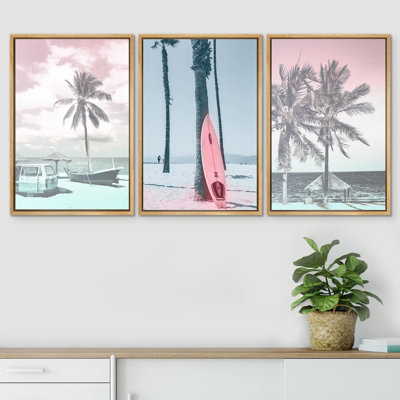 " Washed Out Retro Tropical Beach & Surfer Van Coastal Nautical Photography Modern Art Seascape Relax " 3 - Pieces