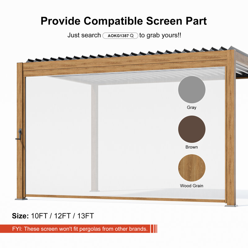 Aluminum Pergola with Solar Paneled LED Strings with Adjustable Louvered Roof, Wood Grain, 13' W x 10' D