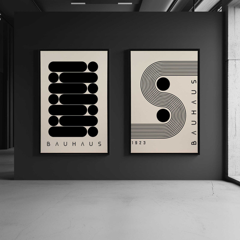 Ensemble de 2 impressions sur toile géométriques Bauhaus Energy, Cadre flottant noir satiné, H 13,5 po x l 19 po x P 1,75 po