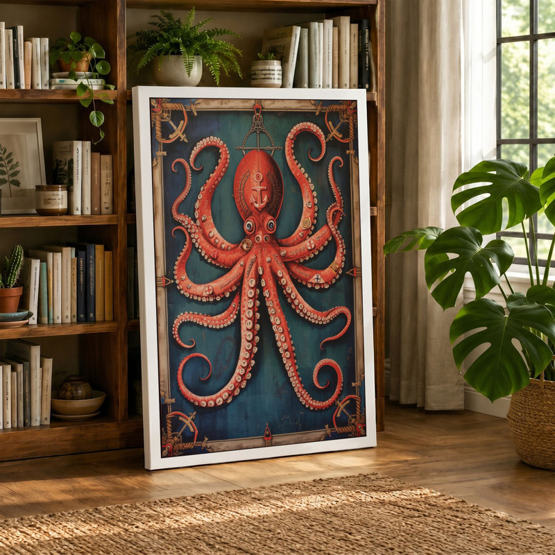 Ornamental Octopus Art Deco - Wrapped Canvas, 18x12 - 45.7 x 30.5 cm, Taupe Border