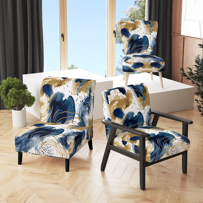 Abstract Pattern With Blue & Golden Textures II - Upholstered Modern Accent Chair