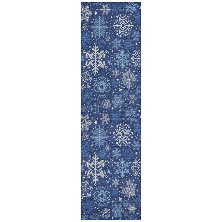 Machine Washable Indoor/Outdoor Christmas Snowflake Xhevrie Navy Rug
