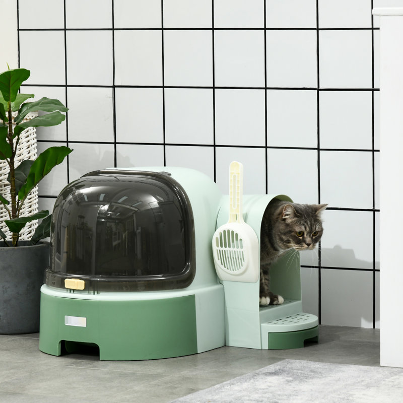 Bac à litière pour chat avec couvercle, bac à litière couvert, facile à nettoyer et à ouvrir, y compris le couvercle avant ouvrable, pelle à litière, vert