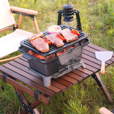 Hibachi Grill Outdoor, Small Portable Charcoal Grill, 100% Pre-Seasoned Cast Iron, Japanese Yakitori Camping Grill - 2 Heights, Air Control, Coal Door -  MARLIN MANUFACTURING COMPANY, INCORPORATED, ZXB0BKQCK76W