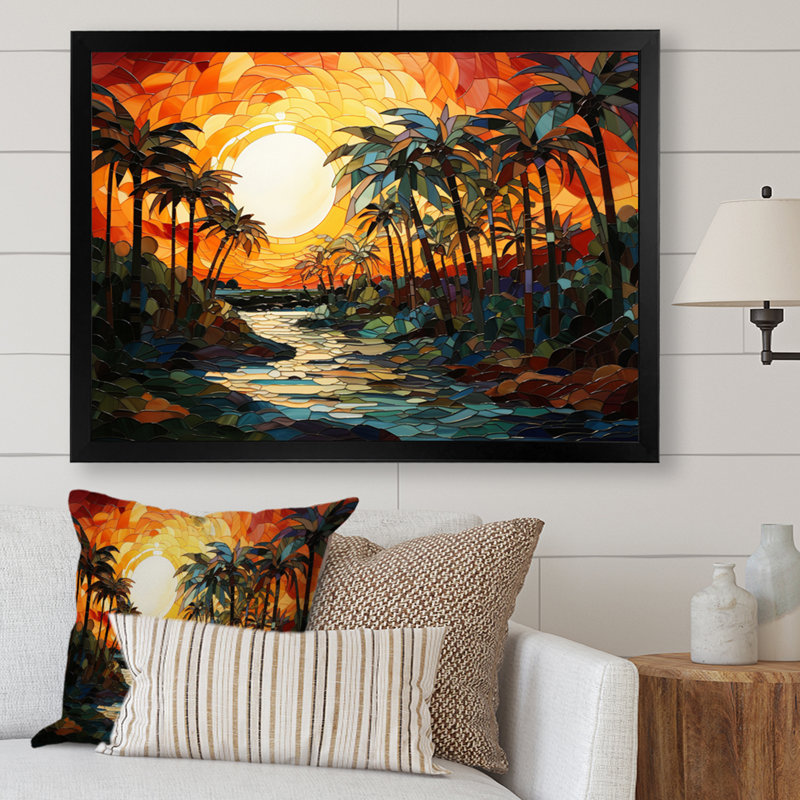 Palmiers orange mosaïque VI - impression, H 12 po x l 20 po x P 1 po, Cadre photo noir