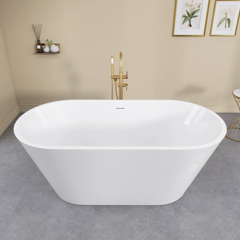 Baignoire de trempage autoportante en acrylique 67 po. X 29 po. Avec drain central en blanc, Blanc lustré