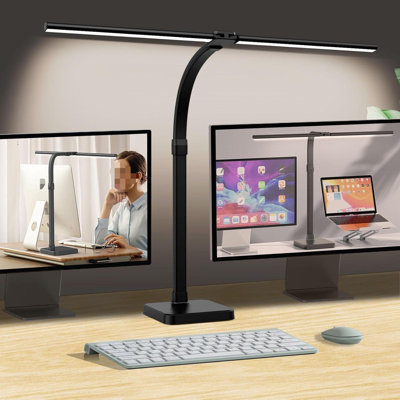 LED Desk Lamp For Home Office, Double Head 24W With Base, Architect Light 5 Lighting Brightness Flexible Gooseneck Table Reading Study