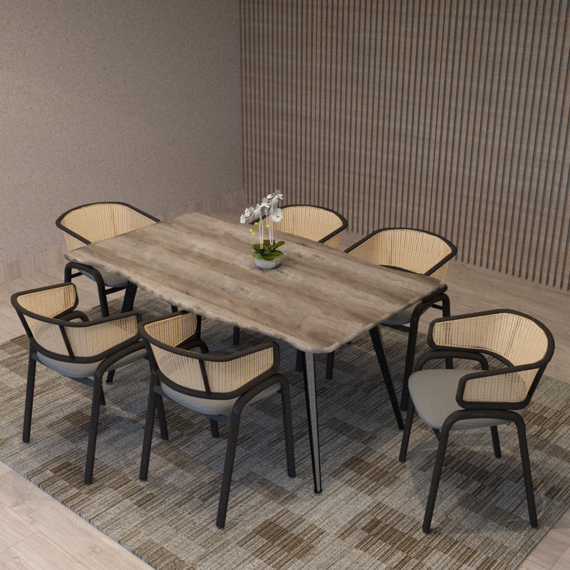 Daishun Dining Chair With Stainless Steel Legs Velvet Seat and Cane Back, Gray