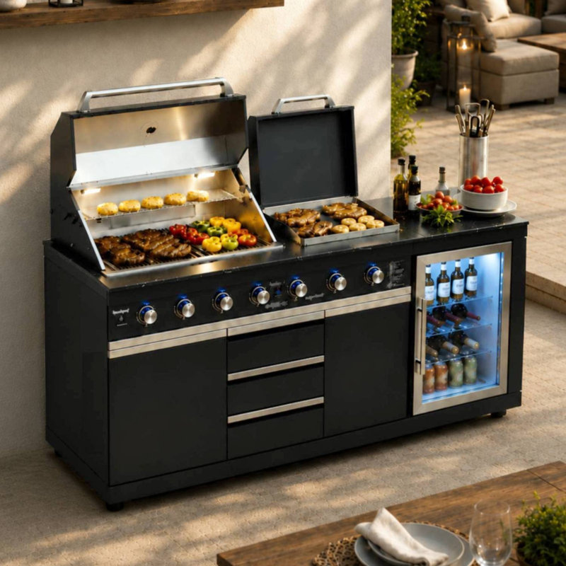 Îlot de cuisine extérieure modulaire Akoah en 2 pièces avec gril, réfrigérateur, deux brûleurs latéraux et bac à charbon