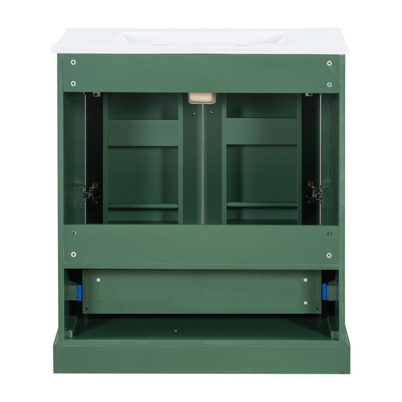 Meuble-lavabo de salle de bain autoportant de 30 po avec panneau de fibres à densité moyenne et bois massif, 1 tiroir de séparation et 2 portes à fermeture douce avec tablette double