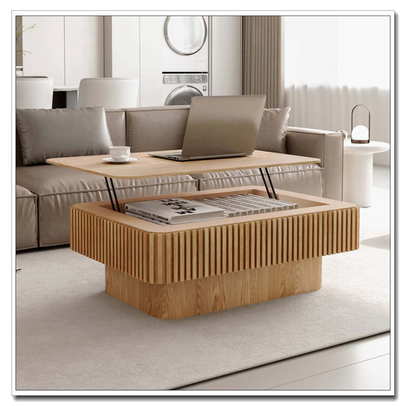 Table basse à plateau relevable avec rangement et hauteur réglable, Bois naturel