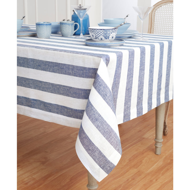 Cabana Stripe - 100% Pure Linen Tablecloth, 90" x 60", Navy/White