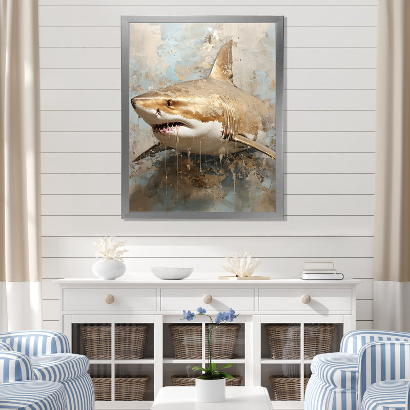 " Minimalism Shark Painting In Golden Beige ", 40" H x 30" W x 1.5" D, Silver Single Picture Framed