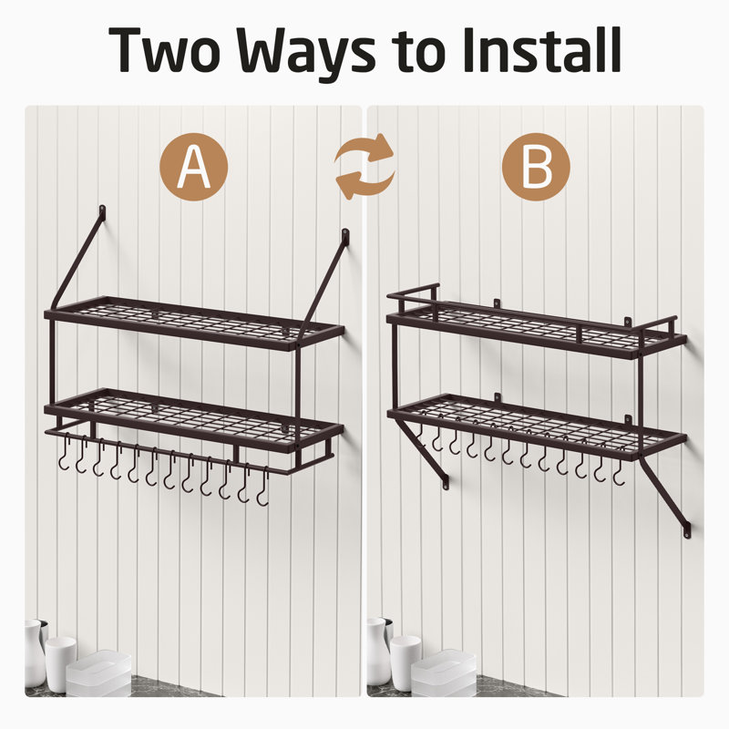 Wall Mounted Pot Rack Kitchen 30 Inch 2-Tier Wall Shelf with 12 Hooks, Oiled Bronze