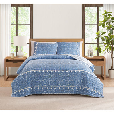  Ensemble de courtepointe toutes saisons en microfibre à motif médaillon avec pompons DESIGN STU DVD Pasadena