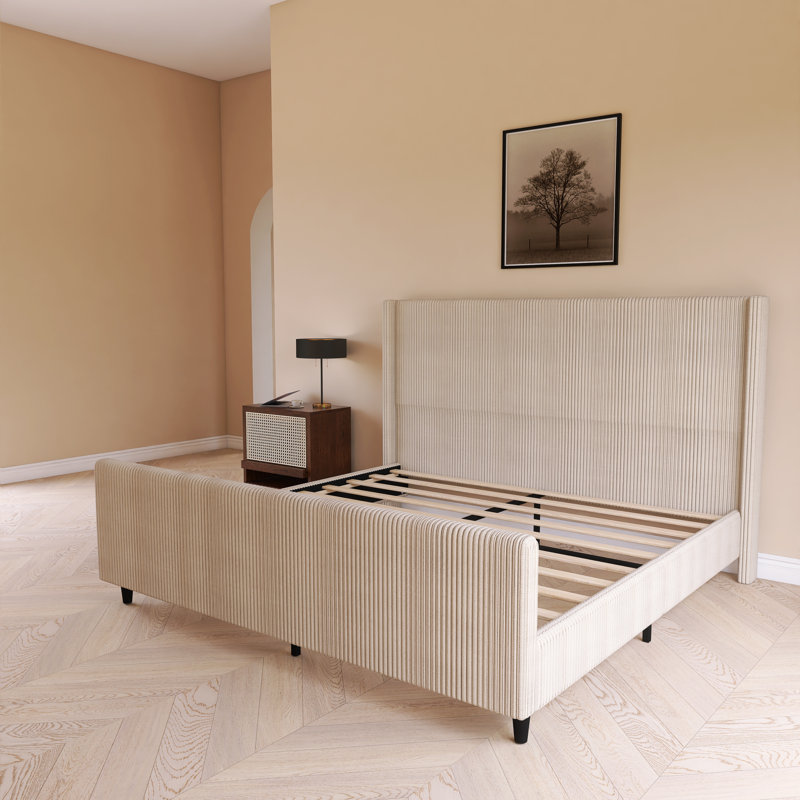 Lit tapissier haut en velours côtelé, Crème, crème, Très grand
