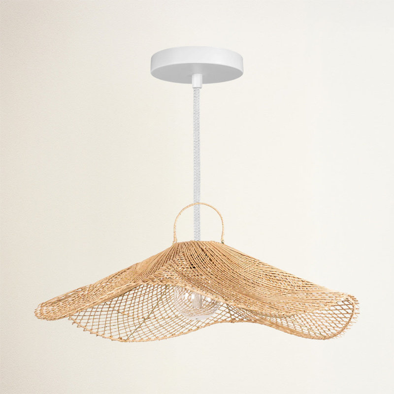Lotus Pad Outdoor Rattan Pendant Light - Large Natural Poly Fiber Novelty 1-Light Handwoven Adjustable Outdoor Hanging Light For Covered Patio, Entryway In Coastal, Farmhouse, Rustic & Country Style