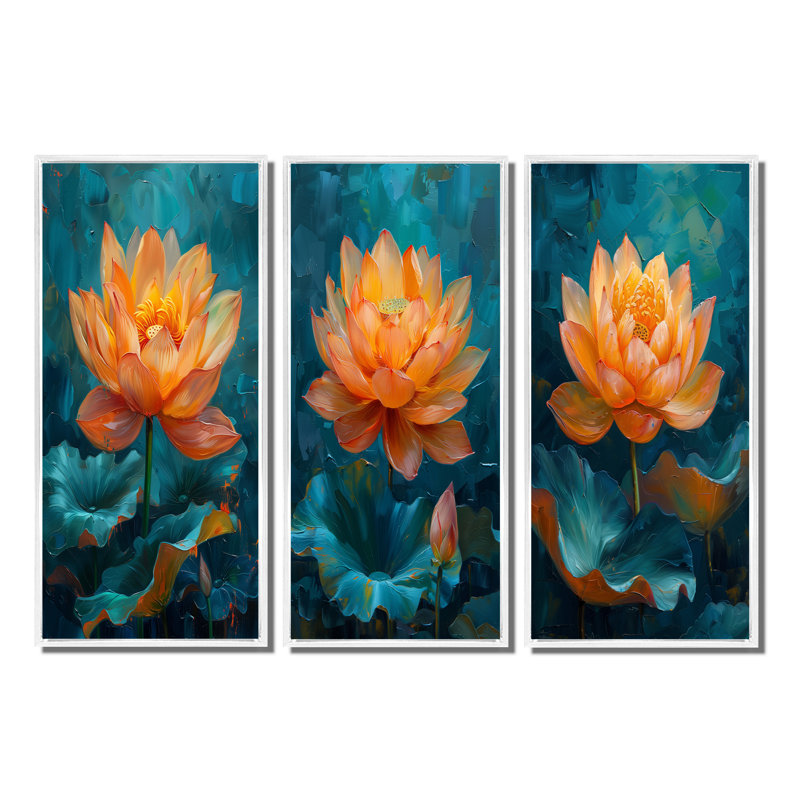 Orange vif et bleu éclatant de lotus I - Collection d'art mural Lotus, H 40 po x l 60 po, Impression encadrée flottante