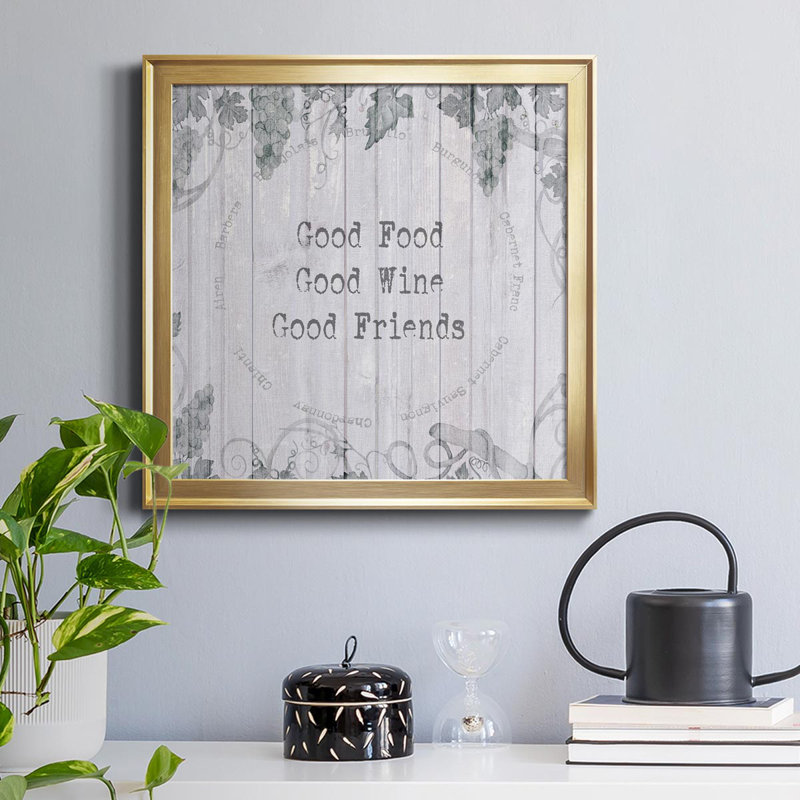 Good Food, Wine Friends - Reproduction d'art textuel sur toile encadrée, H 34,5 po x l 34,5 po x P 1,5 po, Or