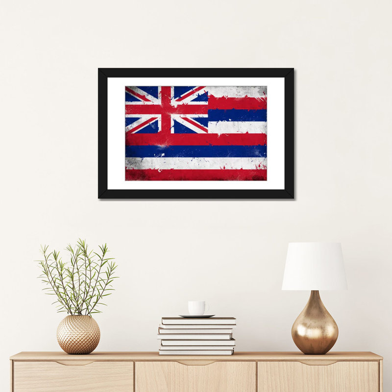 Drapeau, grunge, impression sur toile peinte hawaii, H 24 po x l 32 po x P 1 po, Papier d'art encadré noir, Blanc