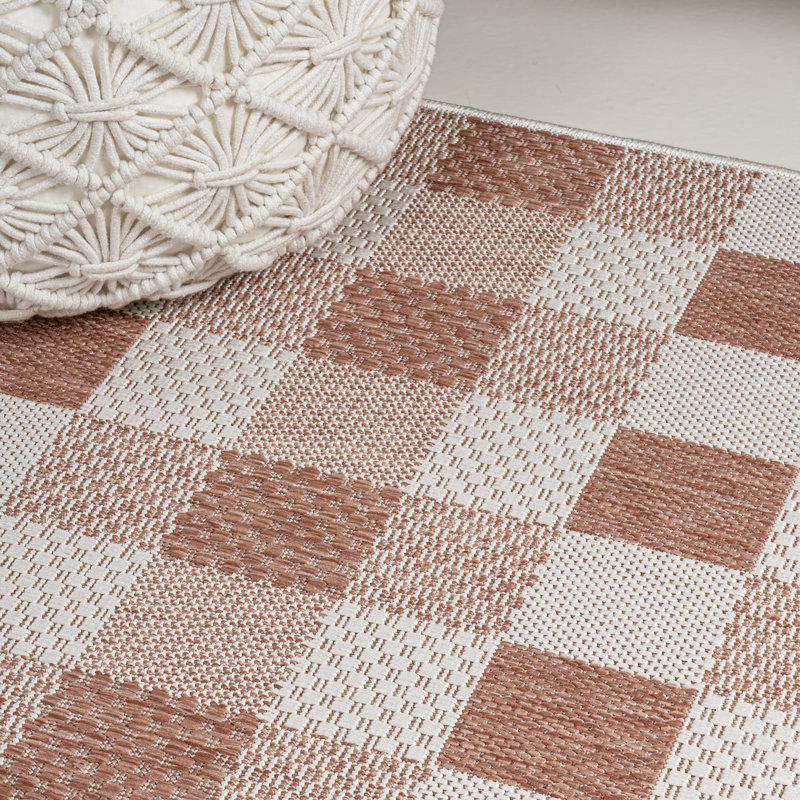 Drora Traditional Geometric Bold Gingham Salmon/Cream Indoor/Outdoor Rug, Runner 2' x 7'10"