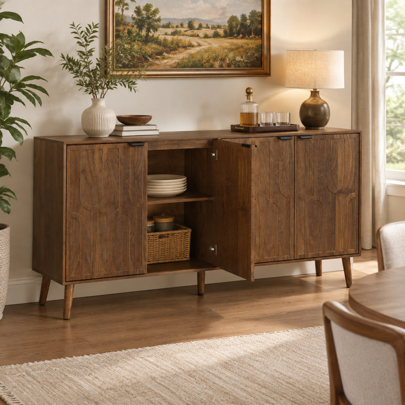 Buffet à quatre portes, étagères ajustables, couleur noyer, poignées en métal, style moderne du milieu du siècle