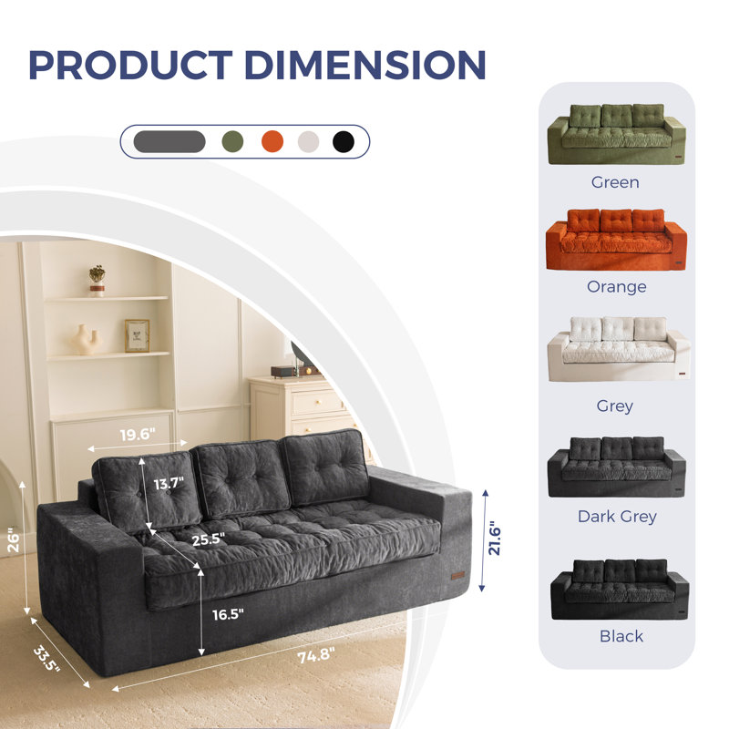 Bean Bag sofa,Giant Cozy Floor Sofa Bed Loveseat, Chenille Dark Grey, 74.8"W x 33.5"D x 26"H