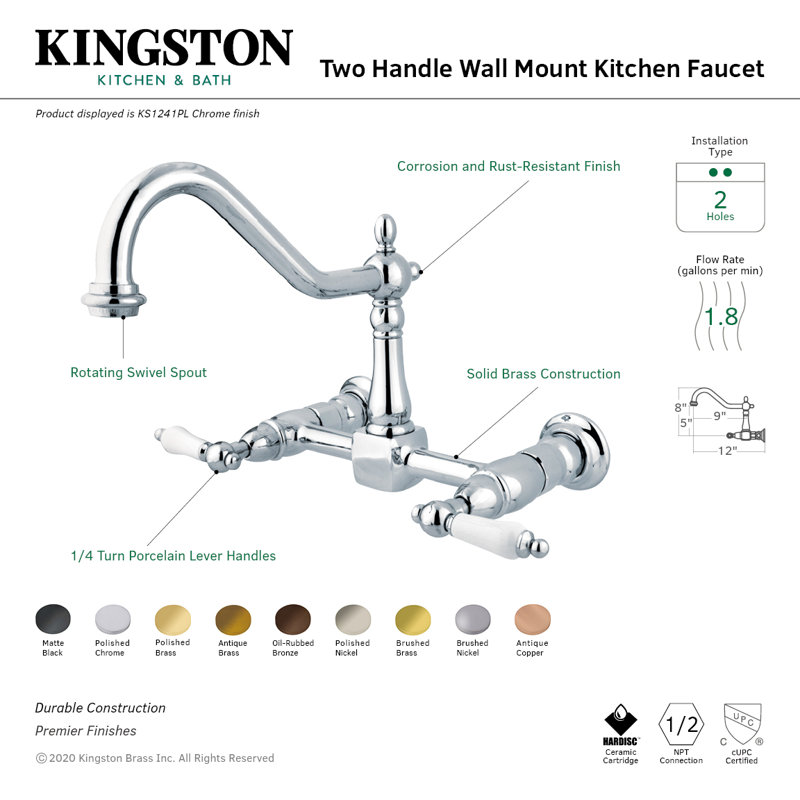 Kingston Brass Heritage Double-Handle 2-Hole Wall-Mount Bridge Kitchen Faucet, Polished Chrome