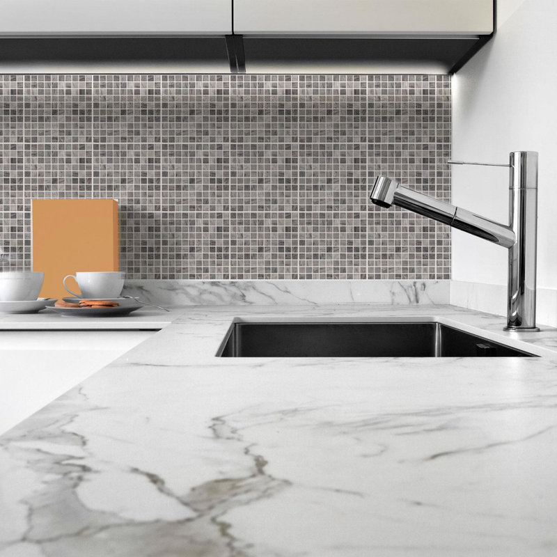 Stone Mosaic Wall Tile Sticker Set 15cm x 15cm PVC, Picasso Grey Marble
