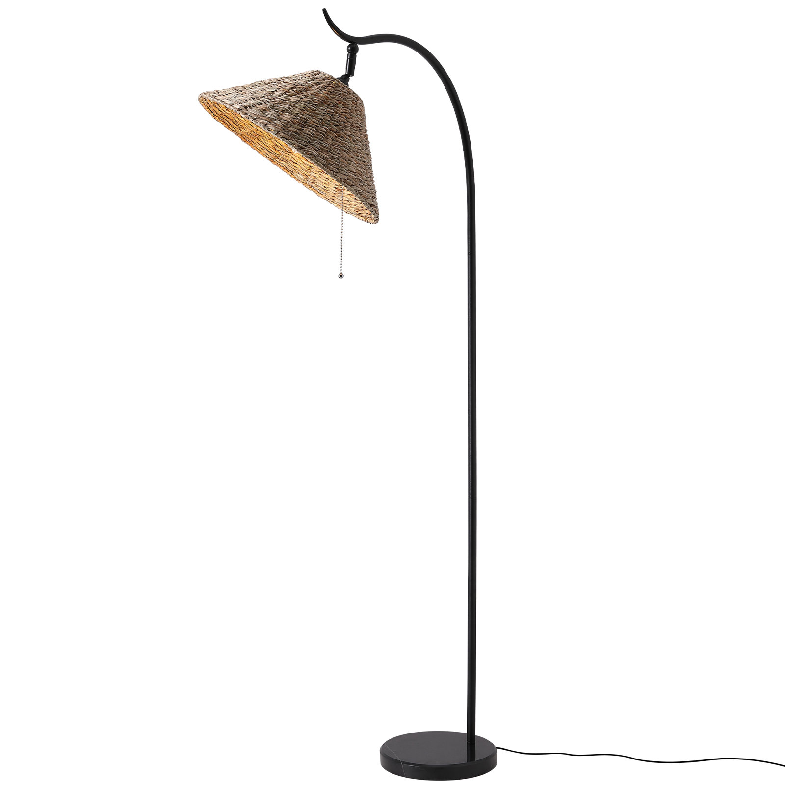 63.8" Arched Rattan Floor Lamp With Pull Chain, Handwoven Standing Light For Living Room Bedroom