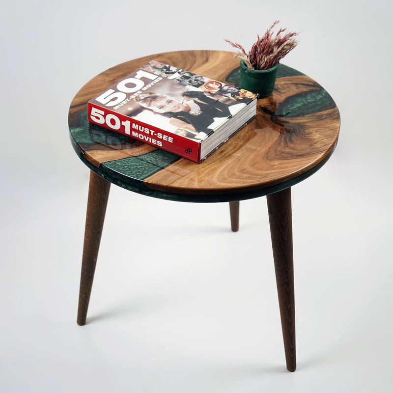 Jossa Round Walnut Resin Side Table – Epoxy River End Table for Living Room & Bedroom, Green/Brown