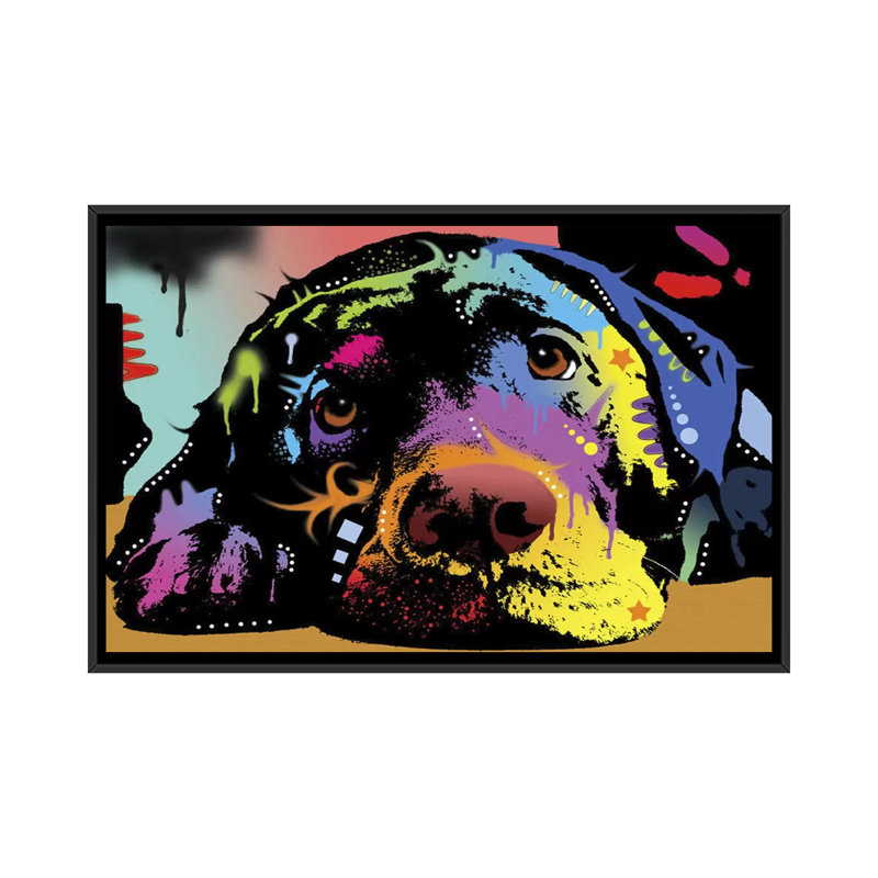 " Lying Lab " by Dean Russo, 18" H x 26" W x 1.5" D, Black Framed Canvas
